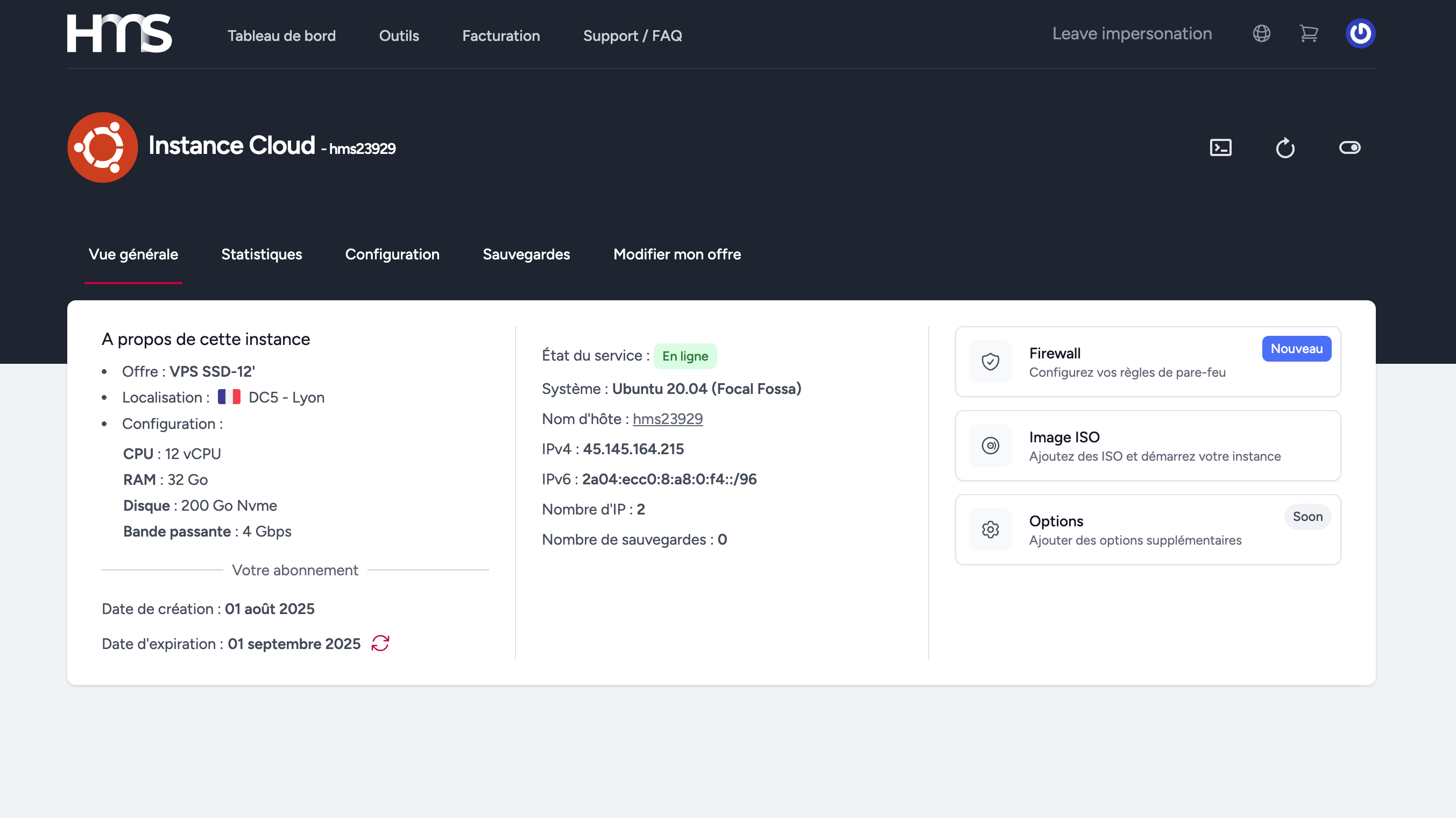 Interface de gestion HostMyServers